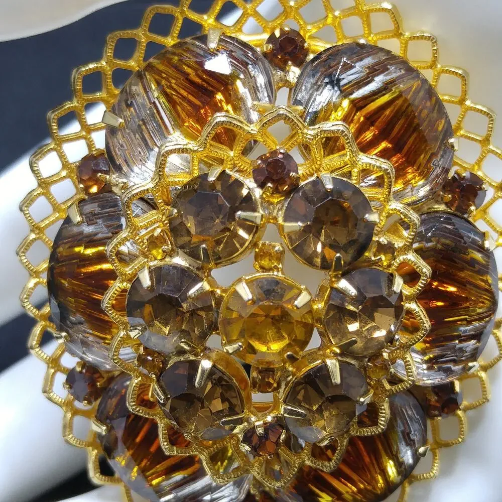 Light Dark Topaz Rhinestones Filigree Brooch, Art Glass, Two Tiered Oval Pin